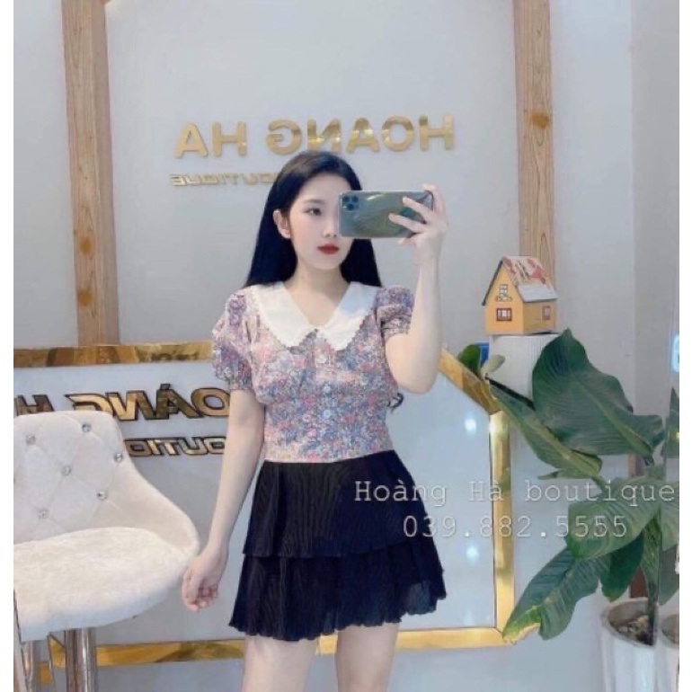 Xả hàng áo sơ mi hoa nhí phối cổ trắng viền ren khoá sườn