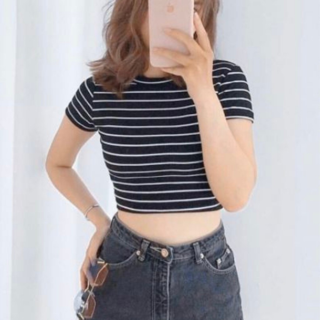 Áo Thun Nữ Sọc Ngang Basic Nhiều Màu GenY Áo Croptop Nữ Ngắn Tay Cổ Tròn Chất Thun Gân Mịn | BigBuy360 - bigbuy360.vn