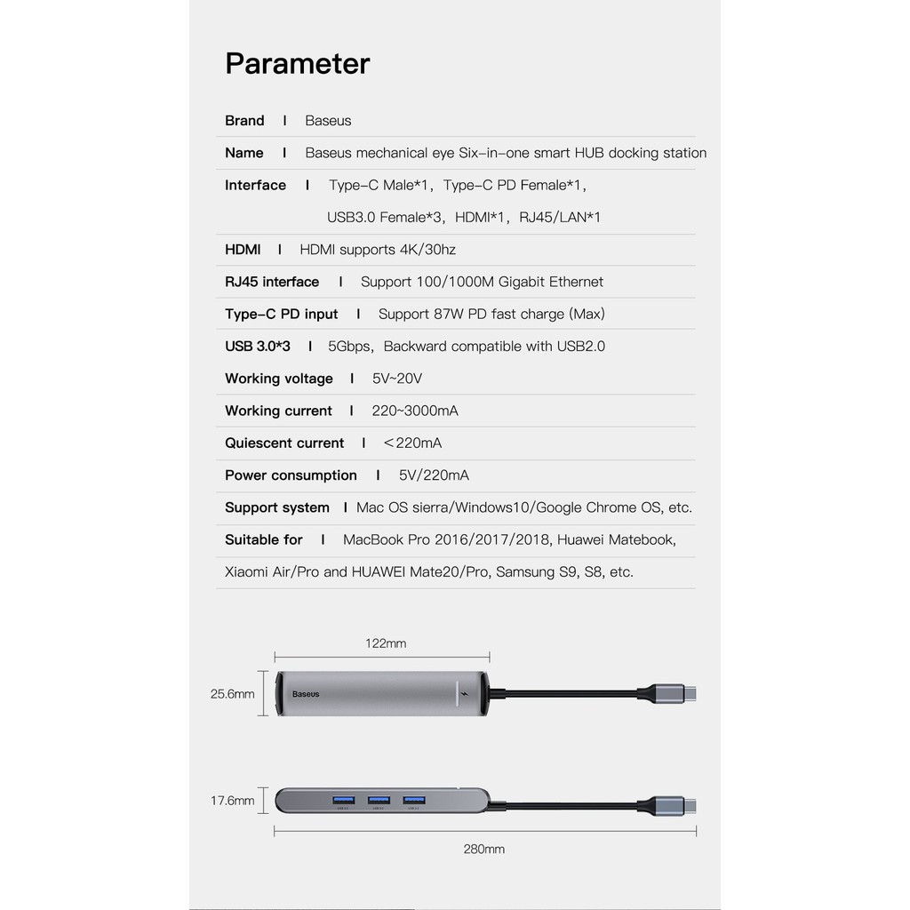 Hub chuyển Baseus Mechanical Eye 6 in 1 Smart Hub (Type C to 3x USB 3.0, HDMI 4K, LAN RJ-45, Type C PD)