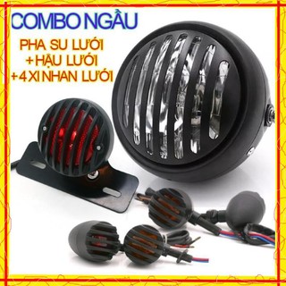 Combo Đèn pha lưới 16cm cùng đèn hậu lưới và 4 xi nhan lưới cho xe máy độ Cafe racer tracker Win GN125
