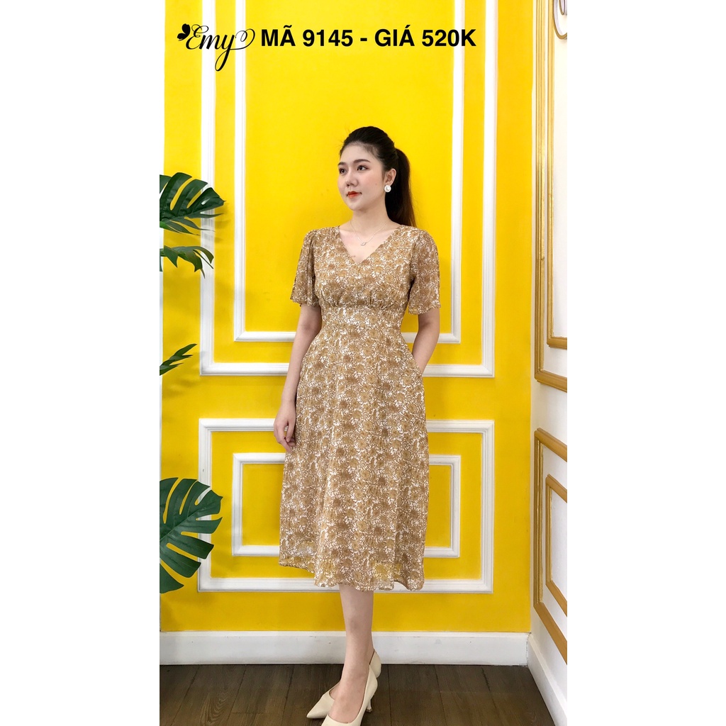 Váy EMY EM9145 Nữ Xòe Hoa Tay Cánh Tiên Xẻ Cổ Tim Có Túi
