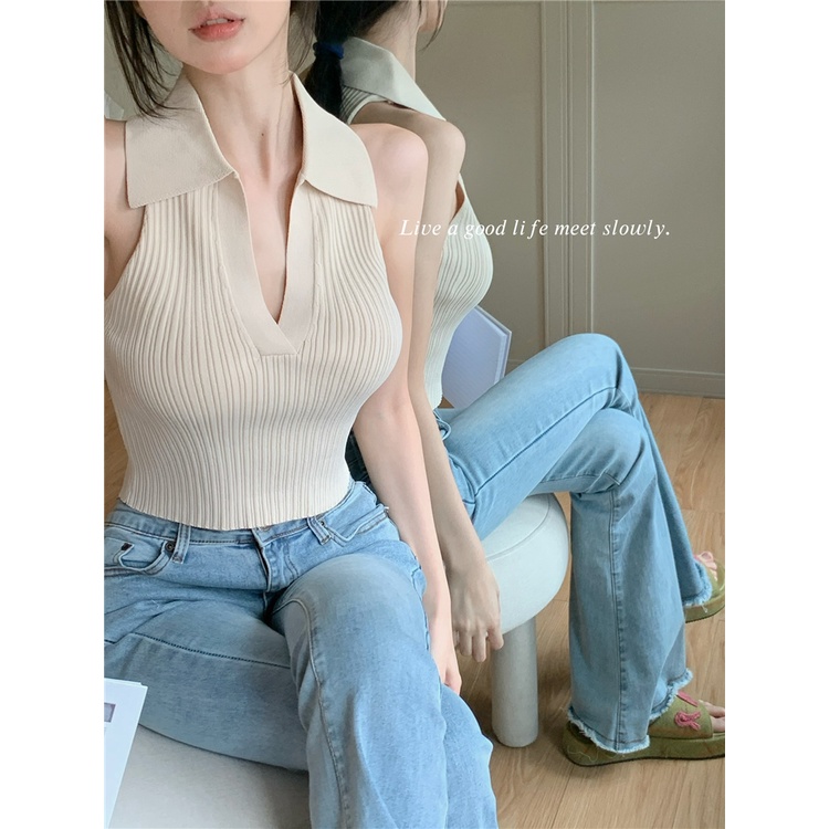 Áo Dệt Kim Sát Nách Cổ Chữ v Thời Trang Mùa Hè Quyến Rũ Cho Nữ