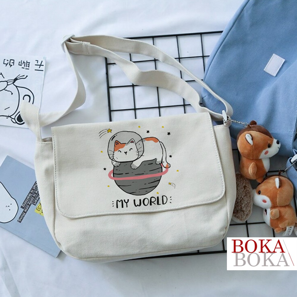 Túi Tote Đeo Chéo Vải Canvas Mèo My World Phong Cách Ulzzang