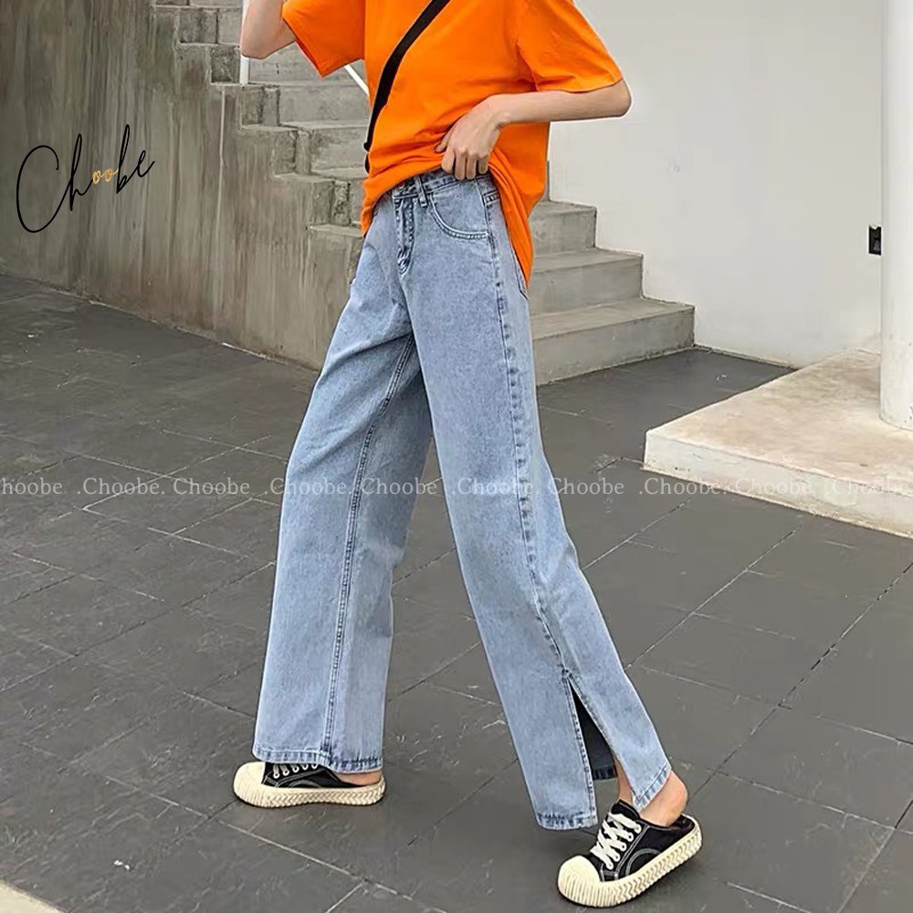 Quần jean nữ Choobe ống rộng cạp cao bò suông xẻ ống phong cách thời trang Hàn Quốc QJ03