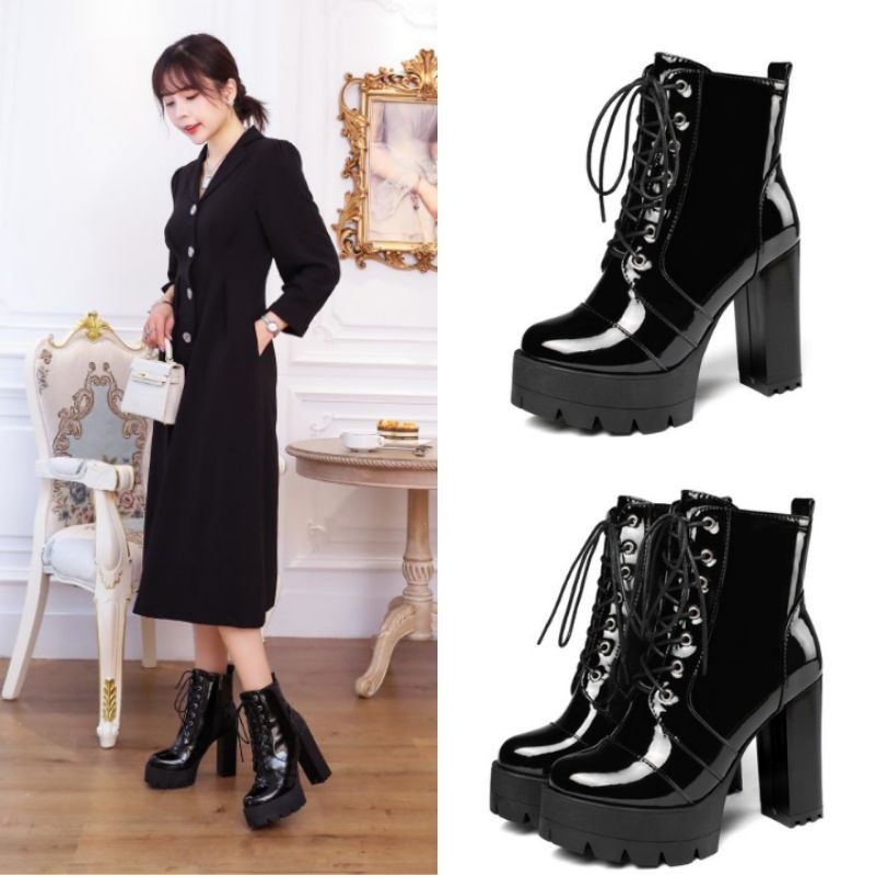 Giày boot cổ ngắn cột dây da bóng đế 12cm màu đen GBCD-24B