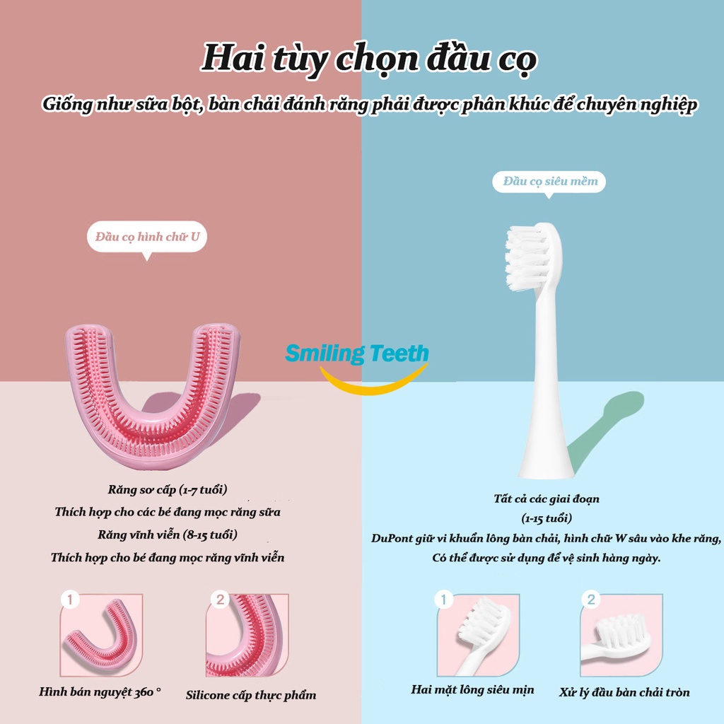 Máy đánh răng cầm tay hình gấu cho bé-Bàn chải điện chữ U công nghệ tự động làm sạch, ngừa sâu răng , chảy máu chân răng