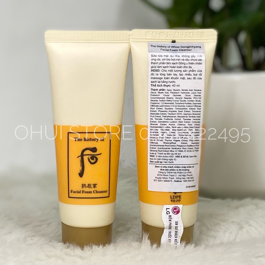 Sữa rửa mặt đông y Whoo Gongjinhyang Facial Foam Cleanser 40ml - Chính hãng LG Vina tem tiếng việt