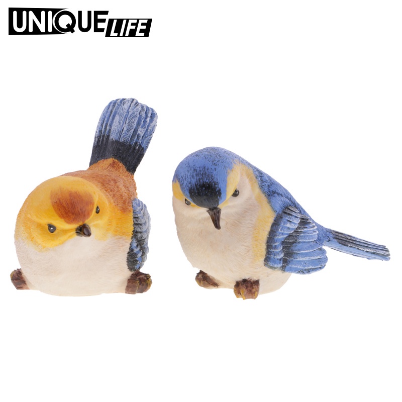 Set 2 Mô Hình Chim Bằng Nhựa Resin Màu Xanh Dương & Cam Vẽ Tay Yoyoyo01