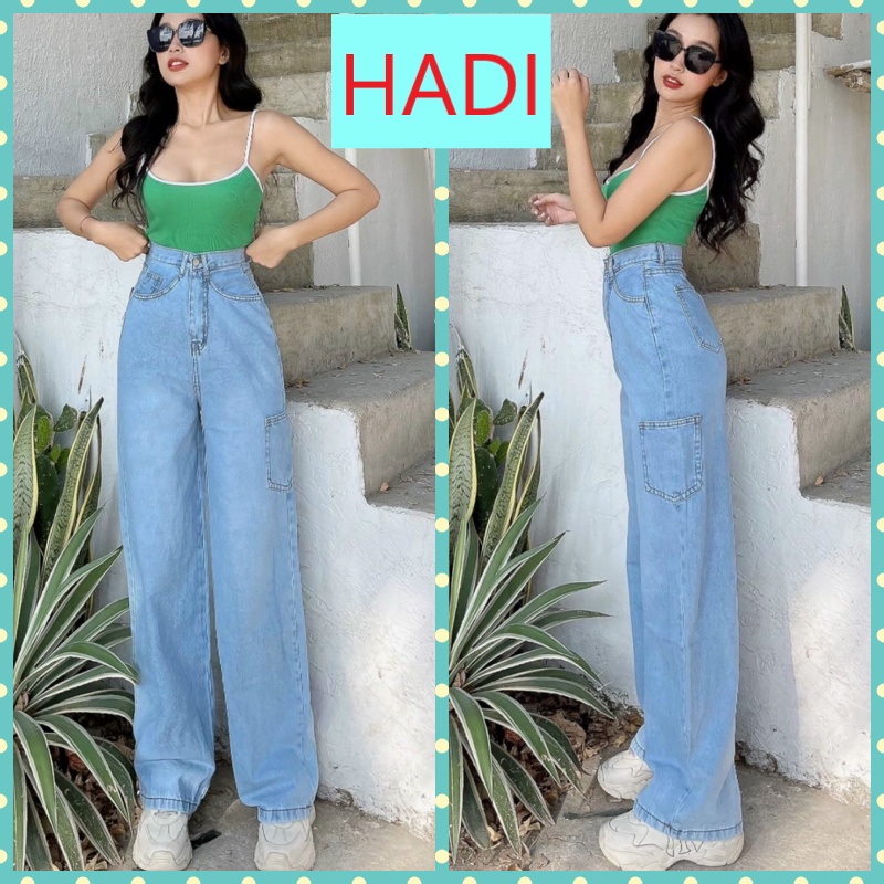 [ ĐẠI NÁO JEANS ] QUẦN JEANS ỐNG RỘNG NỮ LƯNG CAO TÚI HÔNG LAI CUỐN MÀU XANH NHẠT CAO CẤP HADI FORM DÀY DẶN MỀM MỊN