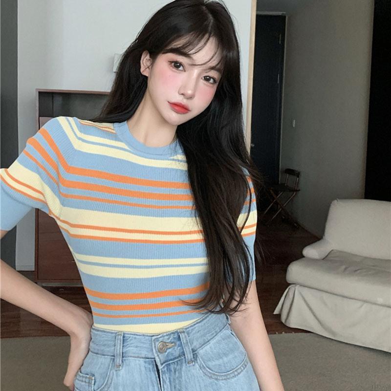 Áo Dệt Kim Ngắn Tay Kẻ Sọc Màu Cầu Vồng Đáng Yêu Kiểu Hàn Quốc