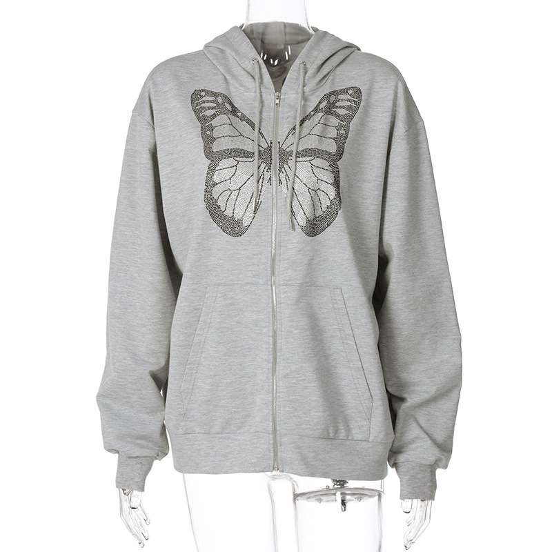 Áo Hoodie Dáng Rộng Hoạ Tiết Bướm Đính Đá Lấp Lánh