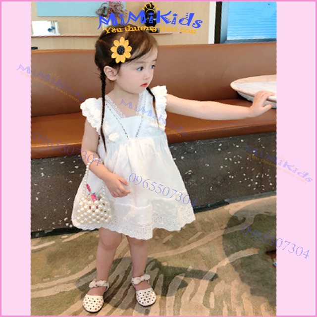 THANH LÝ Váy đầm đi biển/Đầm sát nách bé gái 1-6 tuổi, vải cotton thô màu trắng