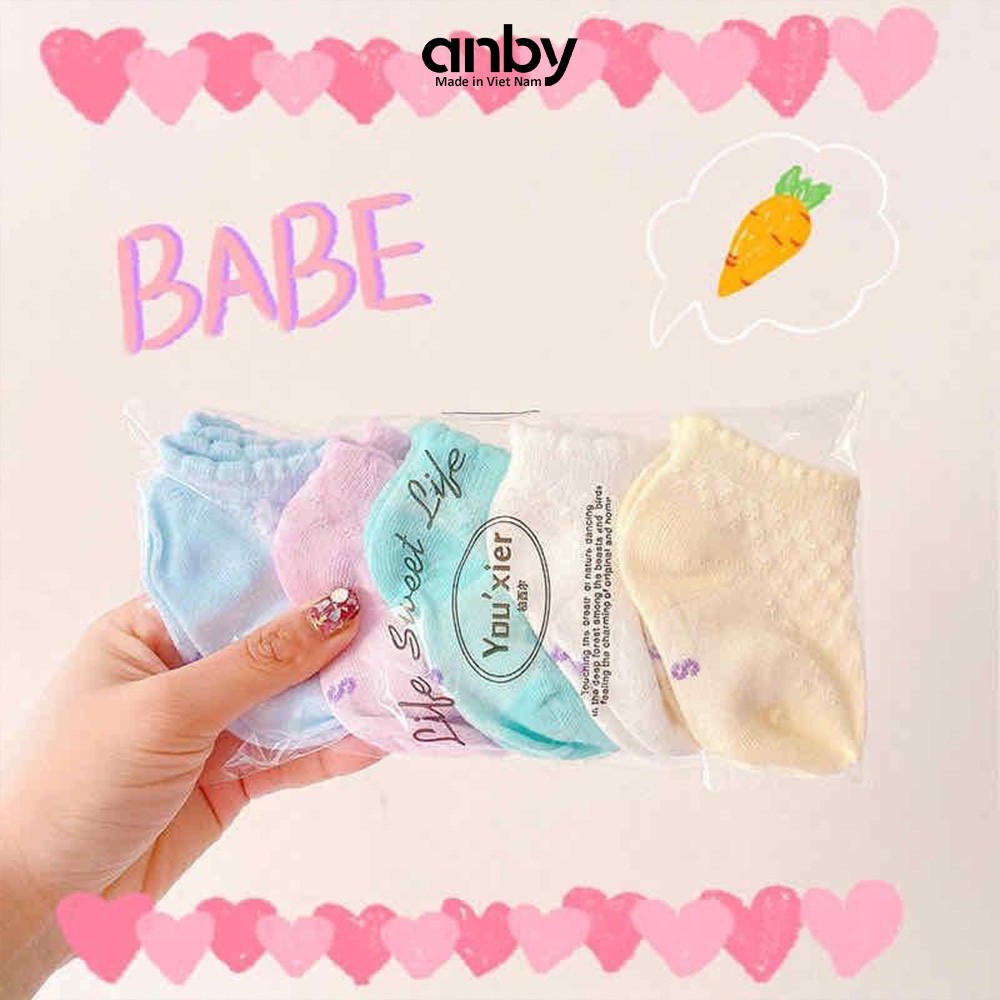 Set 5 đôi tất lưới trẻ em ANBY màu trơn cotton chống trượt cho bé từ sơ sinh đến 1 tuổi