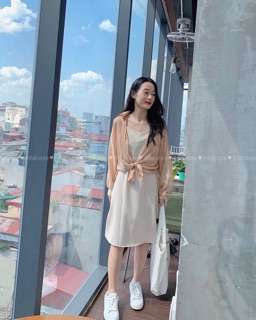Sét váy 2 dây lụa kèm áo sơ mi voan