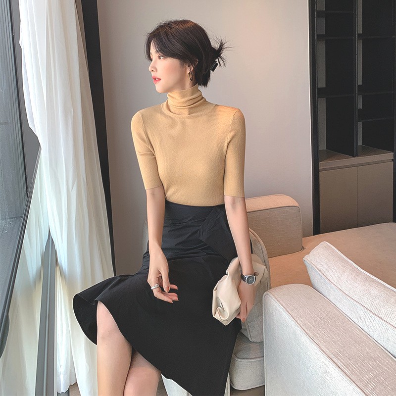 Áo Thun High Neck Tay Lửng Nữ [FREESHIP]  Phông trơn cổ lọ body dáng ôm màu ĐEN | TRẮNG | BE | XANH Ulzzang HOT