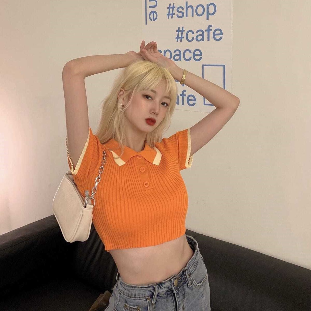 Áo croptop dệt kim tay ngắn cổ POLO phong cách Hàn Quốc ngọt ngào cho nữ