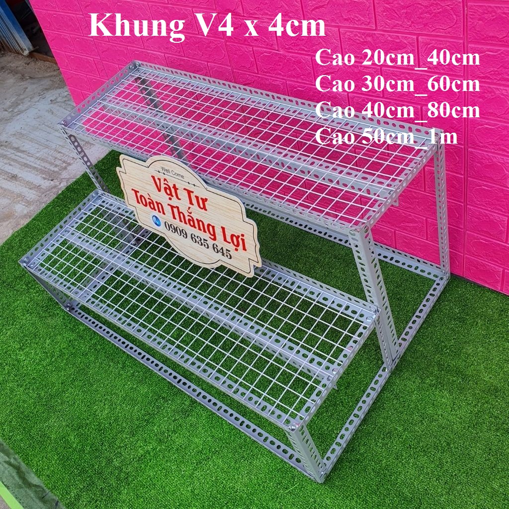 Kệ sắt v lỗ bậc thang V4x4cm ( 2 bậc mâm dạng vỉ lưới sắt) cao 20_40cm, cao 30_60cm, cao 40_80cm, cao 50cm_1m