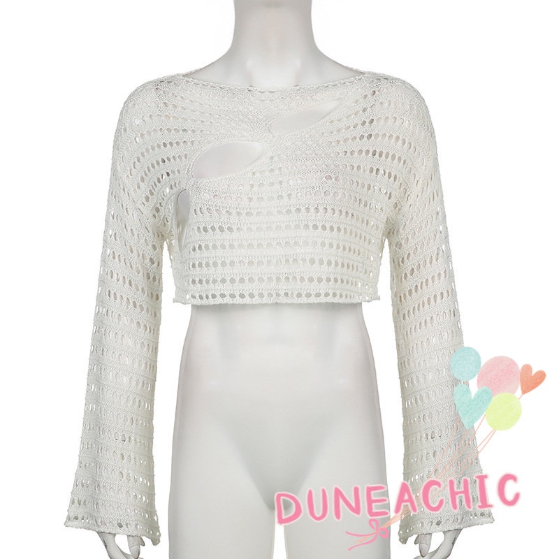 DUNEA Áo Dệt Kim Tay Dài Màu Trơn Phối Lưới Thời Trang Cho Nữ