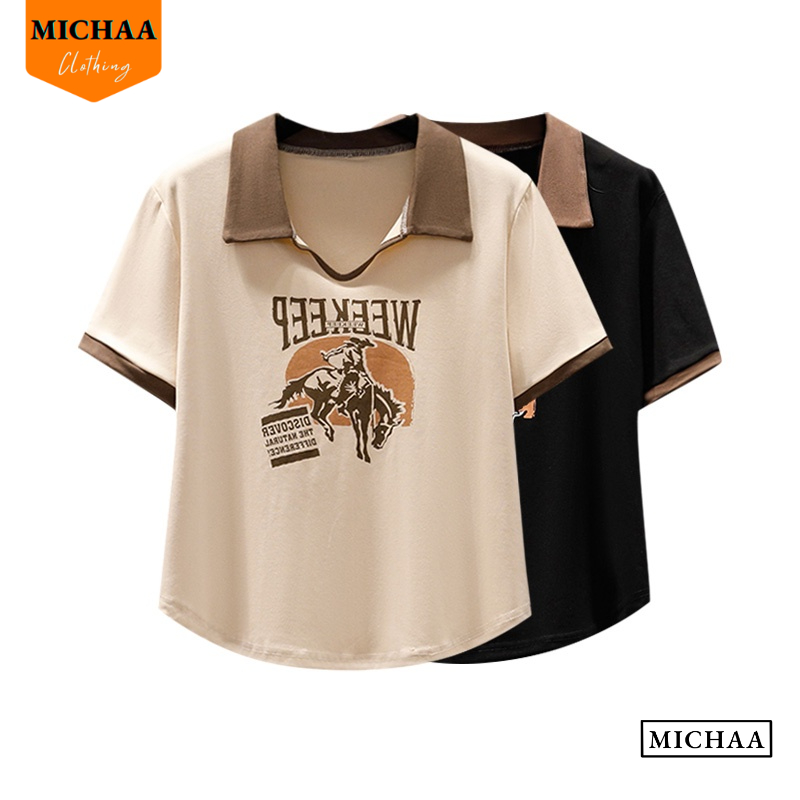 Áo Croptop Ôm Body Nữ WEEKEEP Cổ Bẻ Xẻ V Tay Ngắn, Áo Thun Croptop Kiểu In Họa Tiết - MICHAA CR83