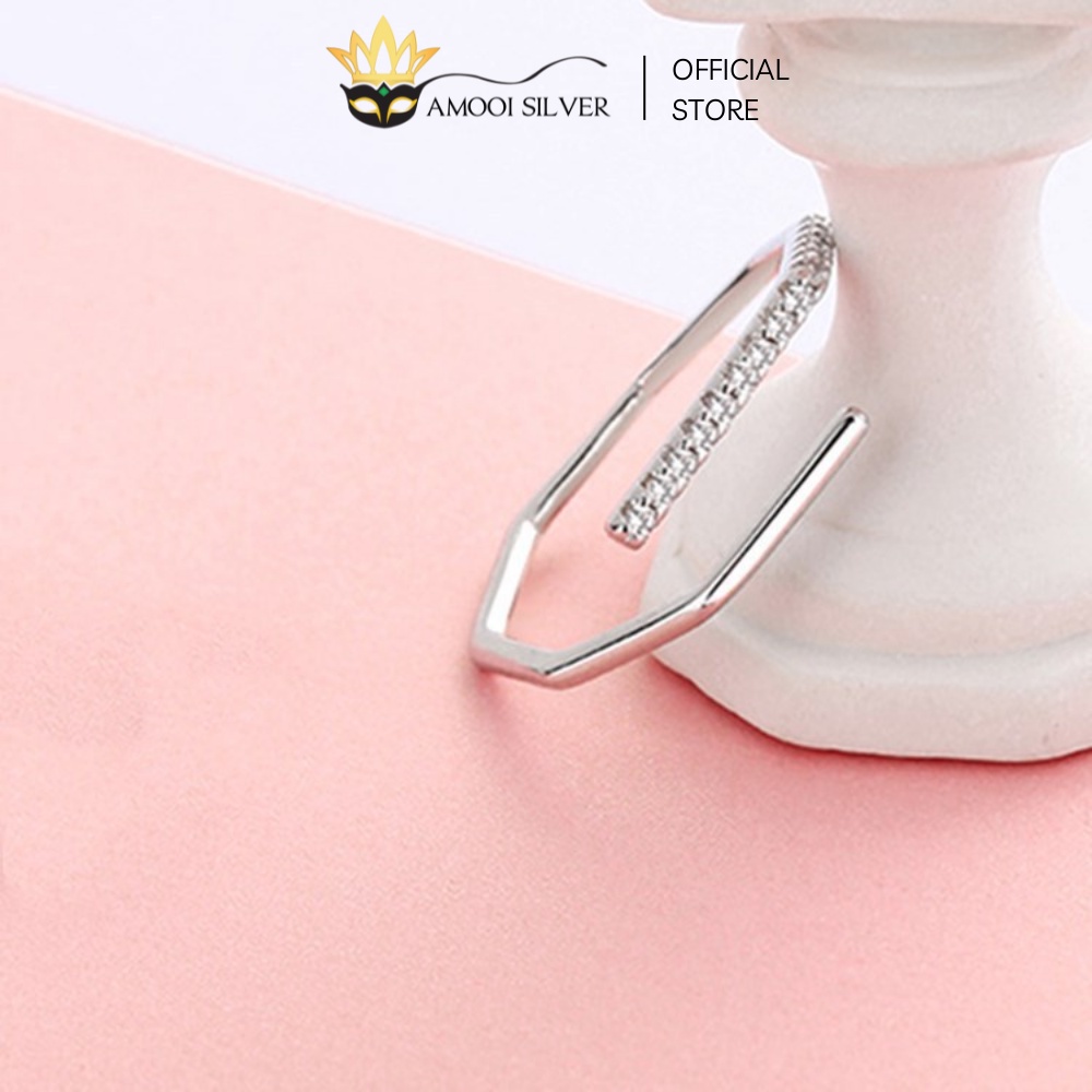 Nhẫn Bạc S925 Freesize Dáng Hở Mẫu Chéo Khúc Nạm Đá - Amooi Silver AN83