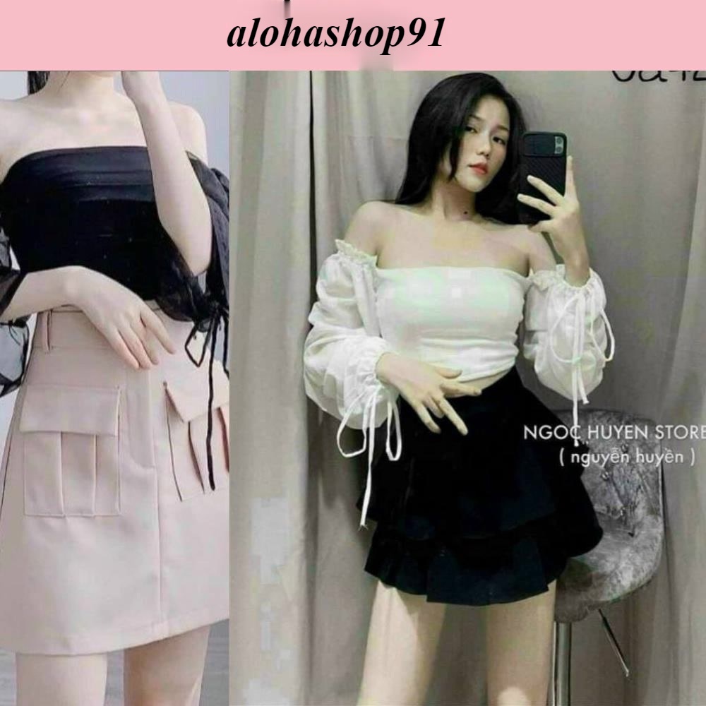 Áo kiểu nữ, áo kiểu phối voan nữ trễ vai 2 màu đen trắng freesize 45-48kg alohashop91