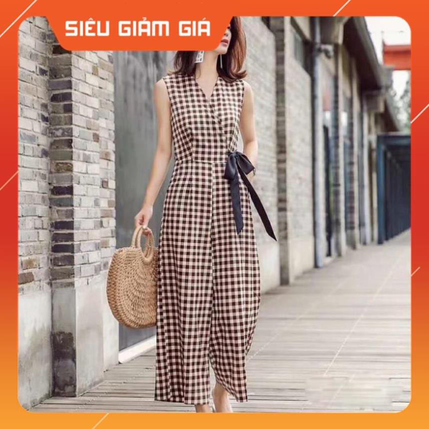 Jumpsuit Nữ Kẻ Dài Ống Suông Thắt Nơ Eo Dấu Bụng, Đồ Bay Dáng Dài JS01 -Teen 888