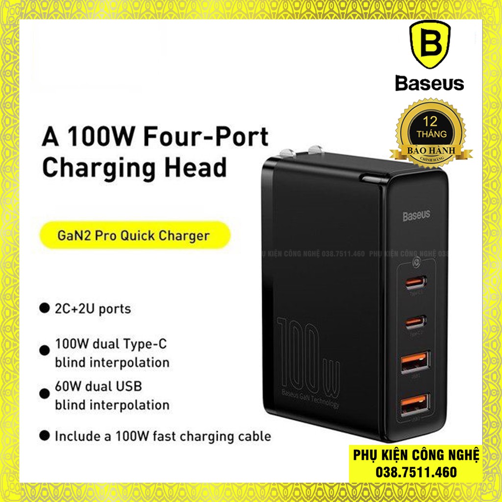 Củ sạc nhanh Baseus 100W GaN 2 Pro Quick Charger 4 Ports (Type C*2 &amp; USB*2, PD/ QC3.0/ QC4+/ PPS/ SCP/ FCP/ AFC)