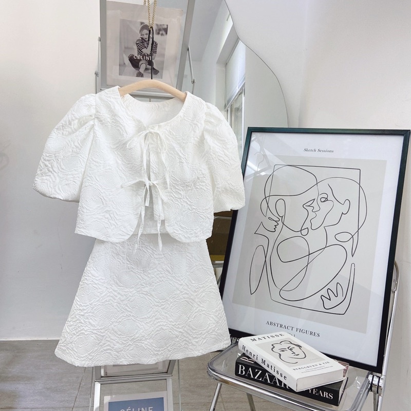 SET ÁO GẤM HOA NỔI CỘT DÂY THẮT NƠ + CHÂN VÁY