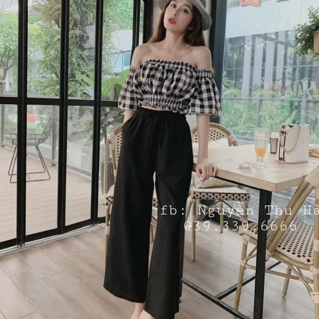 Set áo caro bẹt vai phối quần ống rộng .phuong