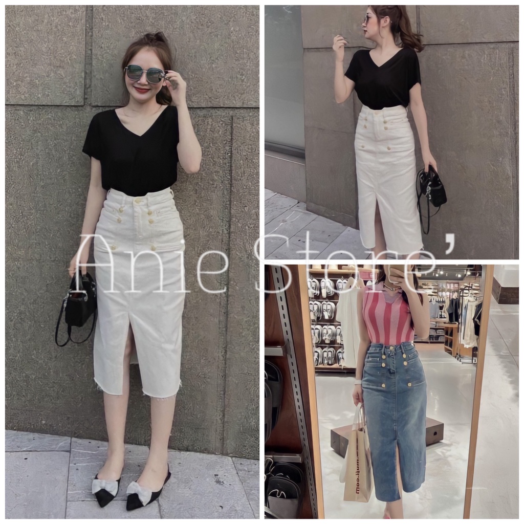 Chân Váy Jeans Nữ Đính Túi Trước Xẻ Tà 🦋 Váy Bò Nữ Dáng Chữ A Cạp Cao FullSize 2 Màu 🦋