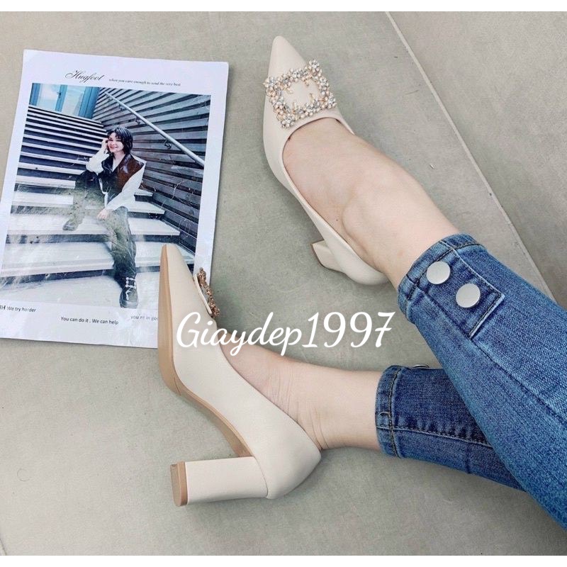 Giày cao gót gót kín đính đá 7p sang chảnh êm chân chắc chắn hot new mã SK