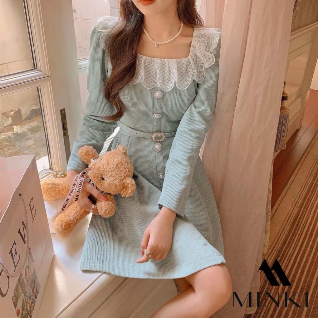 ĐẦM NHUNG GÂN 3 MÀU CỔ REN TRẮNG - CHẤT LIỆU CAO CẤP - MÀU HỒNG / NÂU / XANH