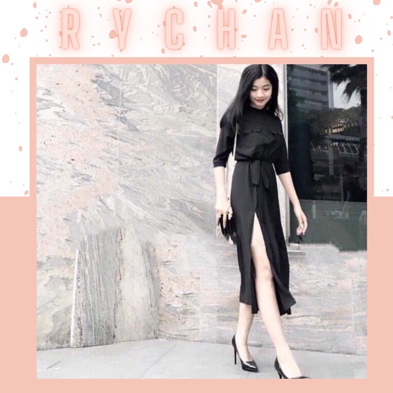 DM606 - Đầm Maxi Đen Xẻ Nút Bọc ( Kèm Hình Thật ) | BigBuy360 - bigbuy360.vn