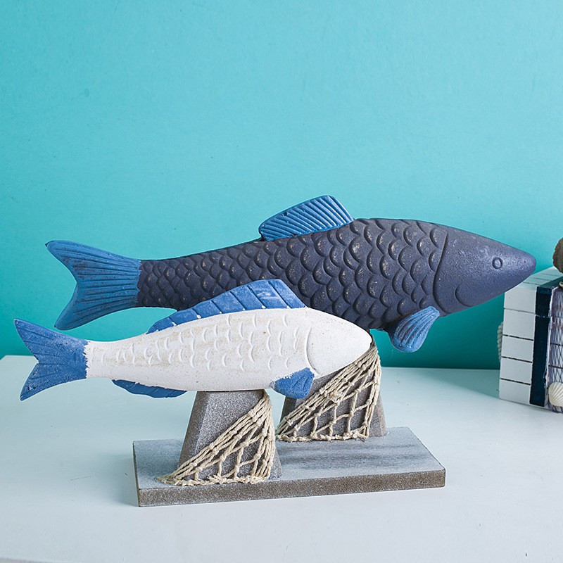 Set mô hình đôi cá dài để bàn kiểu gỗ cũ - Decor đồ trang trí theo phong cách biển Địa Trung Hải