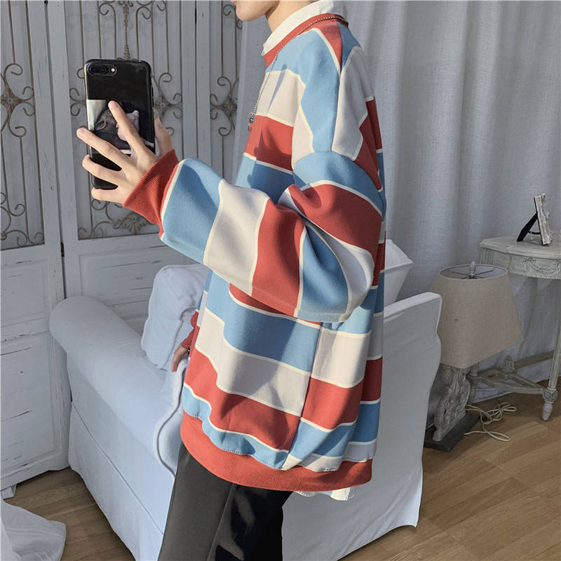 Áo Hoodie Nam Striped Sweater Men's Korean Loose Student Round Neck Thin Jacket