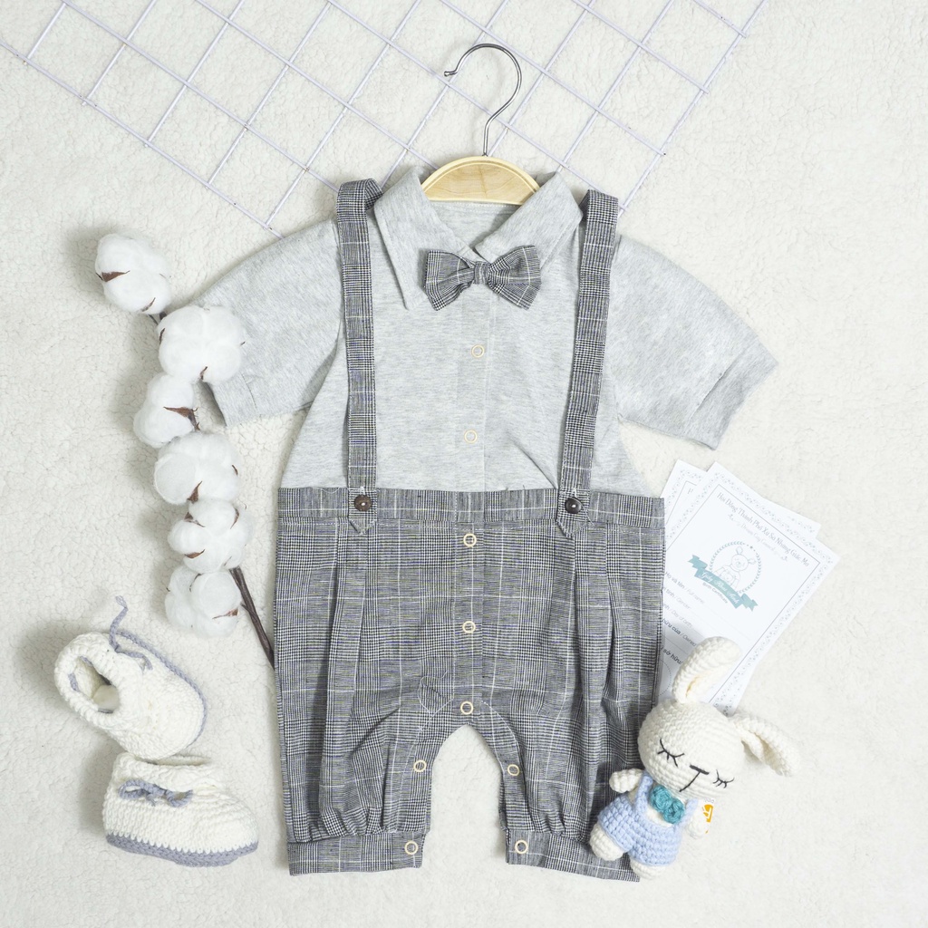 Quần áo trẻ em Bobicraft - Bộ đồ liền thân bodysuit ROMPER QUẦN YẾM BÉ TRAI CARO XÁM  - Cotton hữu cơ organic an toàn