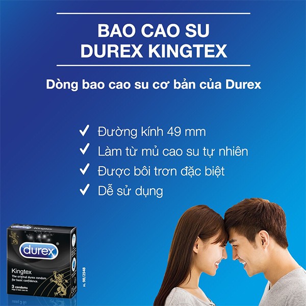 [DUREX CHÍNH HÃNG]-Bao cao su Durex Kingtex siêu mỏng, ôm sát kích thước nhỏ co giãn cực tốt hộp 3 chiếc