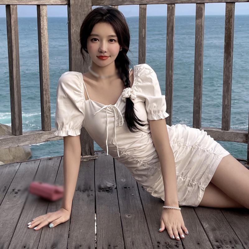 Đầm Tay Ngắn Phồng Cổ Vuông Màu Sắc Ngọt Ngào Phong Cách Hàn Quốc