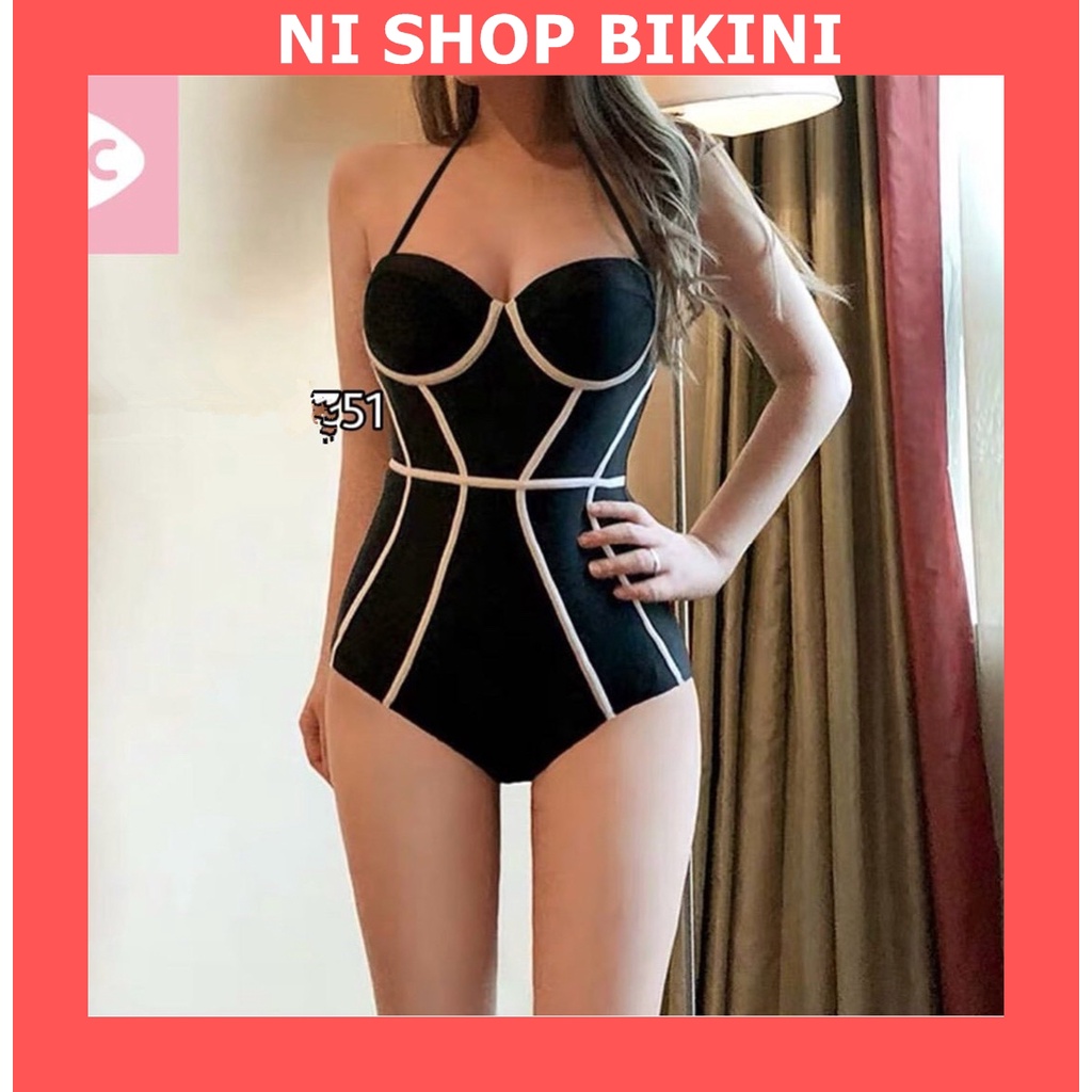 Bikini nữ có gọng nâng ngực Đồ bơi đẹp liền thân 1 mảnh đen viền trắng G06