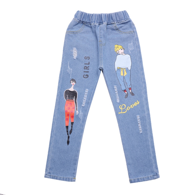 Quần Jeans Lưng Thun Co Giãn In Họa Tiết Hoạt Hình Thời Trang Cho Bé Gái 4-1T