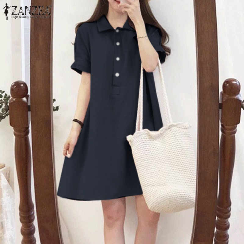 Đầm Zanzea tay ngắn cổ bẻ màu trơn thiết kế đơn giản thời trang cho nữ