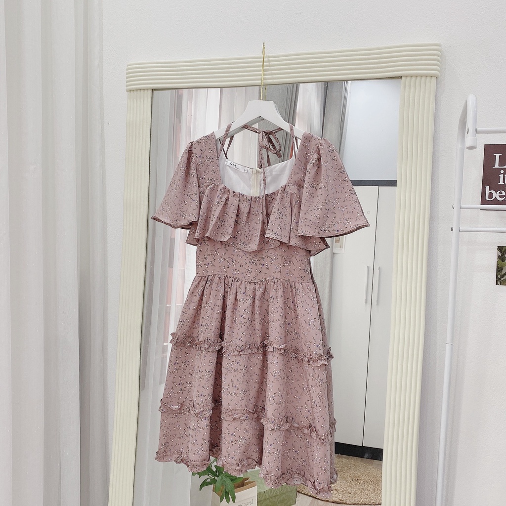 Váy hoa nhí tầng viển bèo đầm tơ mền tay nhỡ-MINXY SHOP