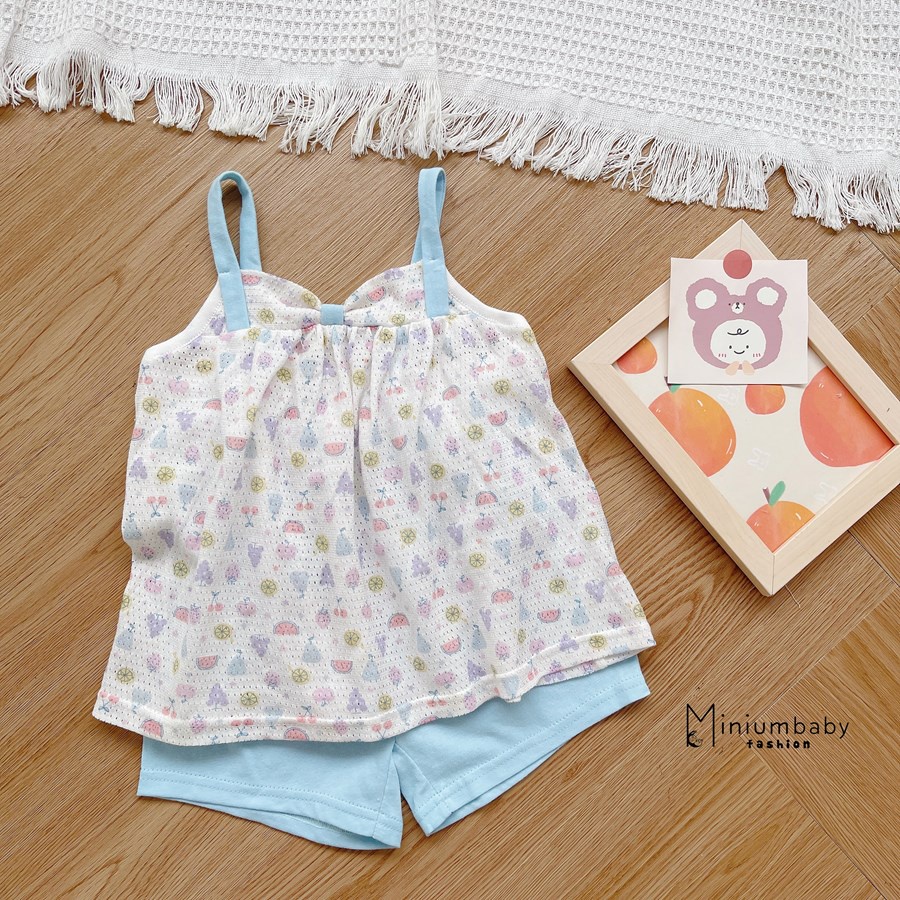 Bộ 100% cotton 2 dây xinh xắn mặc mùa hè cho bé gái miniumbabyfashion, set trẻ em mềm, mát- SB1596