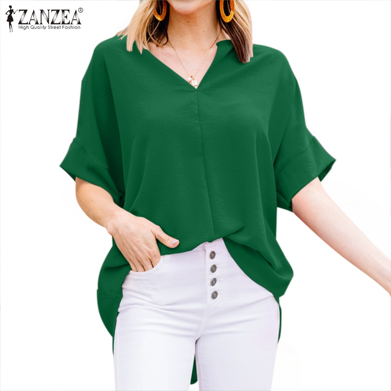 Áo Sơ Mi Nữ Tay Lửng Cổ Chữ V Màu Trơn Phong Cách Vintage ZANZEA