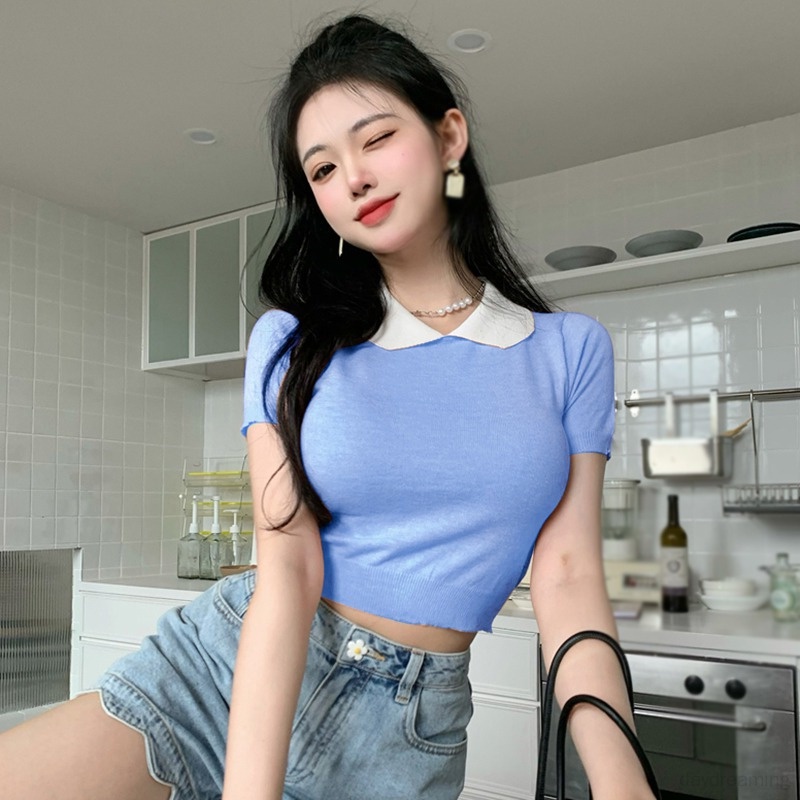 Áo Croptop Dệt Kim Tay Ngắn Cổ Búp Bê Màu Sắc Tương Phản Thời Trang Cho Nữ