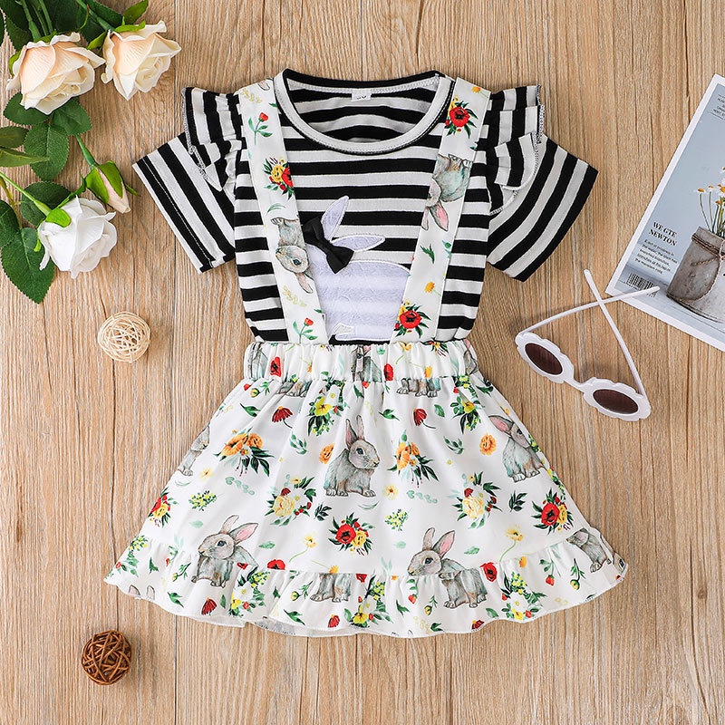 Combo bộ đồ bé gái 1-5 tuổi tay ngắn  In Họa Tiết Sọc Chân Váy Hoa set thời trang cho bé trẻ em