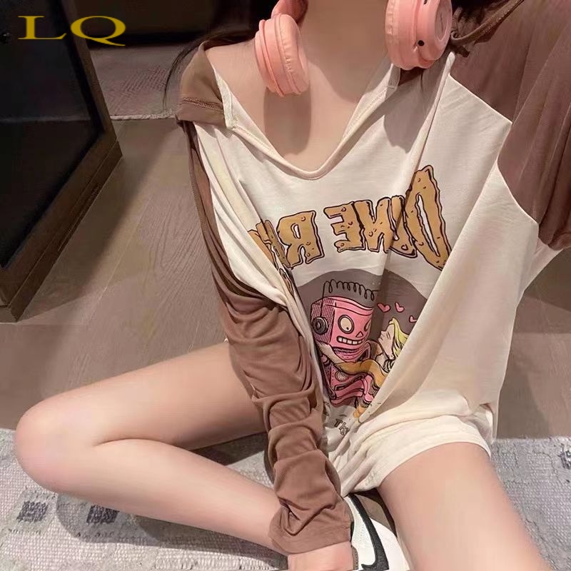 Áo Thun Nữ Dài Tay Có Nón In Hình Hoạt Hình Phong Cách Hàn Quốc