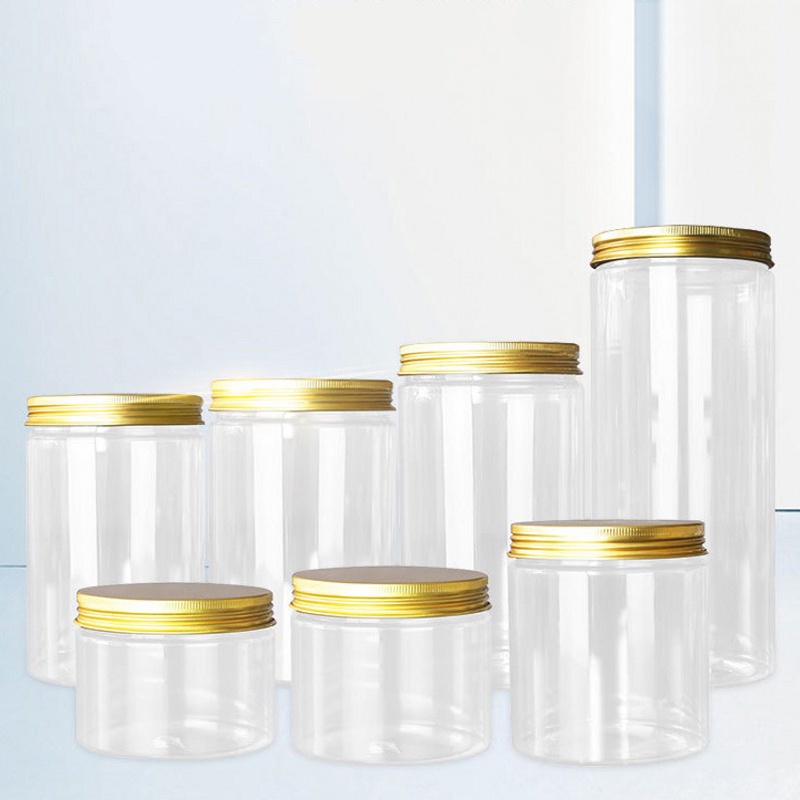 Multi-function PET Plastic Transparent Storage Cans/ Honey Tea Multigrain Food Jar with Gold Lid/ Kitchen Organize Container