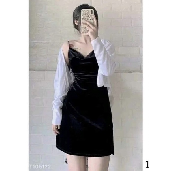 Sét áo khoác gân + đầm nhung dây (có mút ngực)