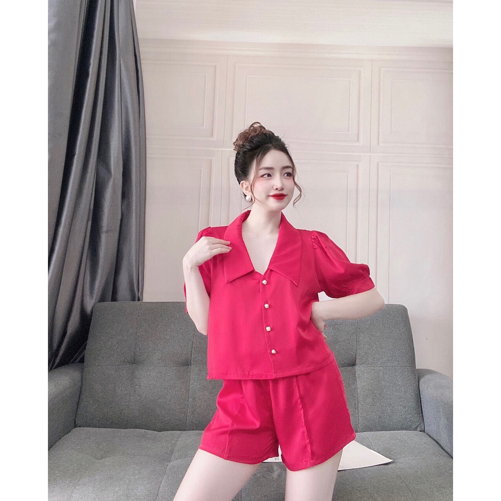 Đồ Mặc Nhà, Đồ Ngủ Mặc Nhà Áo Cổ Sen Tay Ngắn Quần Sọc Chất Lụa Satin Màu Trơn, Full Màu Form Rộng Rãi Thoải Mái. | BigBuy360 - bigbuy360.vn